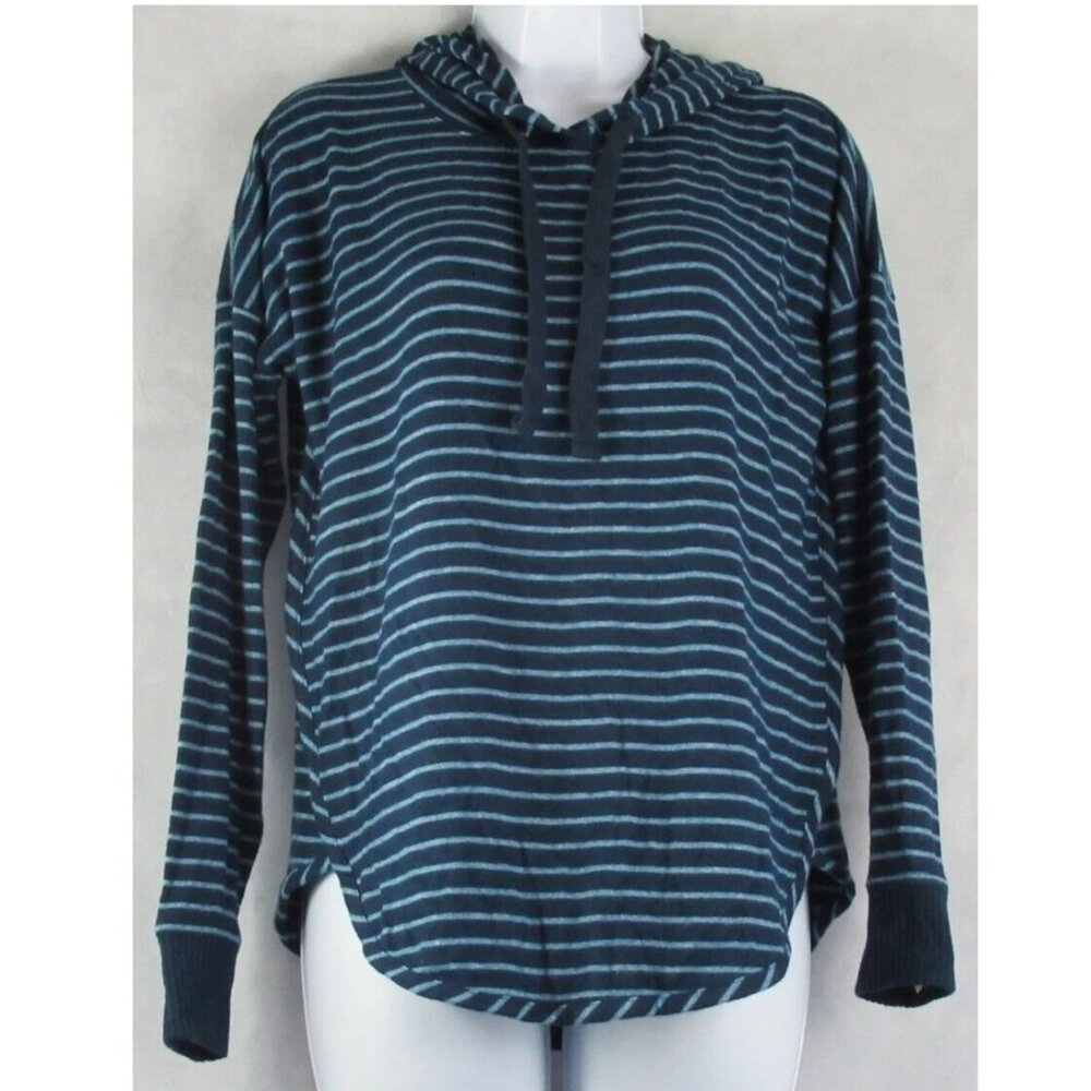 Alfani Women's Cozy Haccie Knit Striped Hooded Lounge Top, Blue Multi, XS